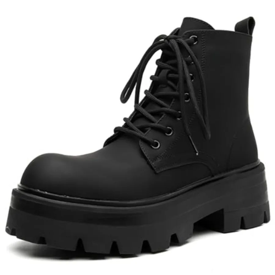 

Men's Leather Lace-up Platform Comat oots Wide Toe Side Zipper Chunky Heel Lug Sole Ankle ooties Comfort High Top Waterproof ik