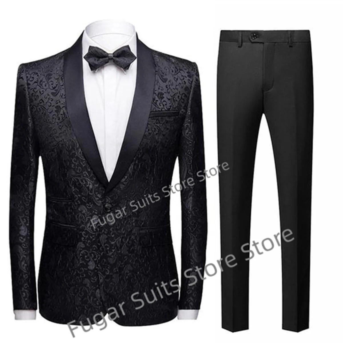 

New style Business Wedding Host Print Men Suits Slim Fit Dark Black Shawl Lapel Groom Formal Tuxedos Luxuly 2Pcs(Blazer+Pants)