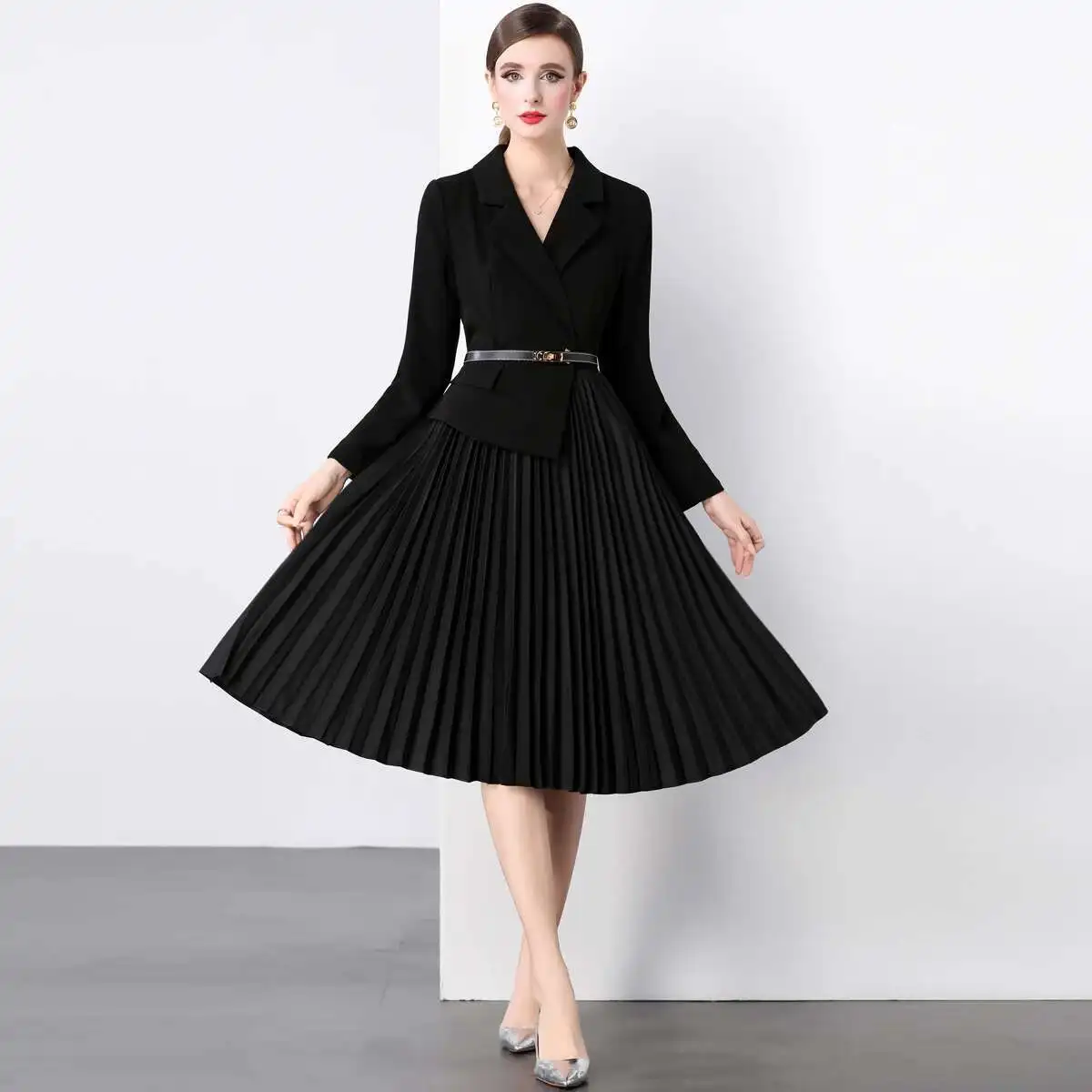

Quality Autumn Winter Long Sleeved Fake Two-piece Suit Coat Blazer Dress Women Notched Pleated Midi Work Dresses Lady Black