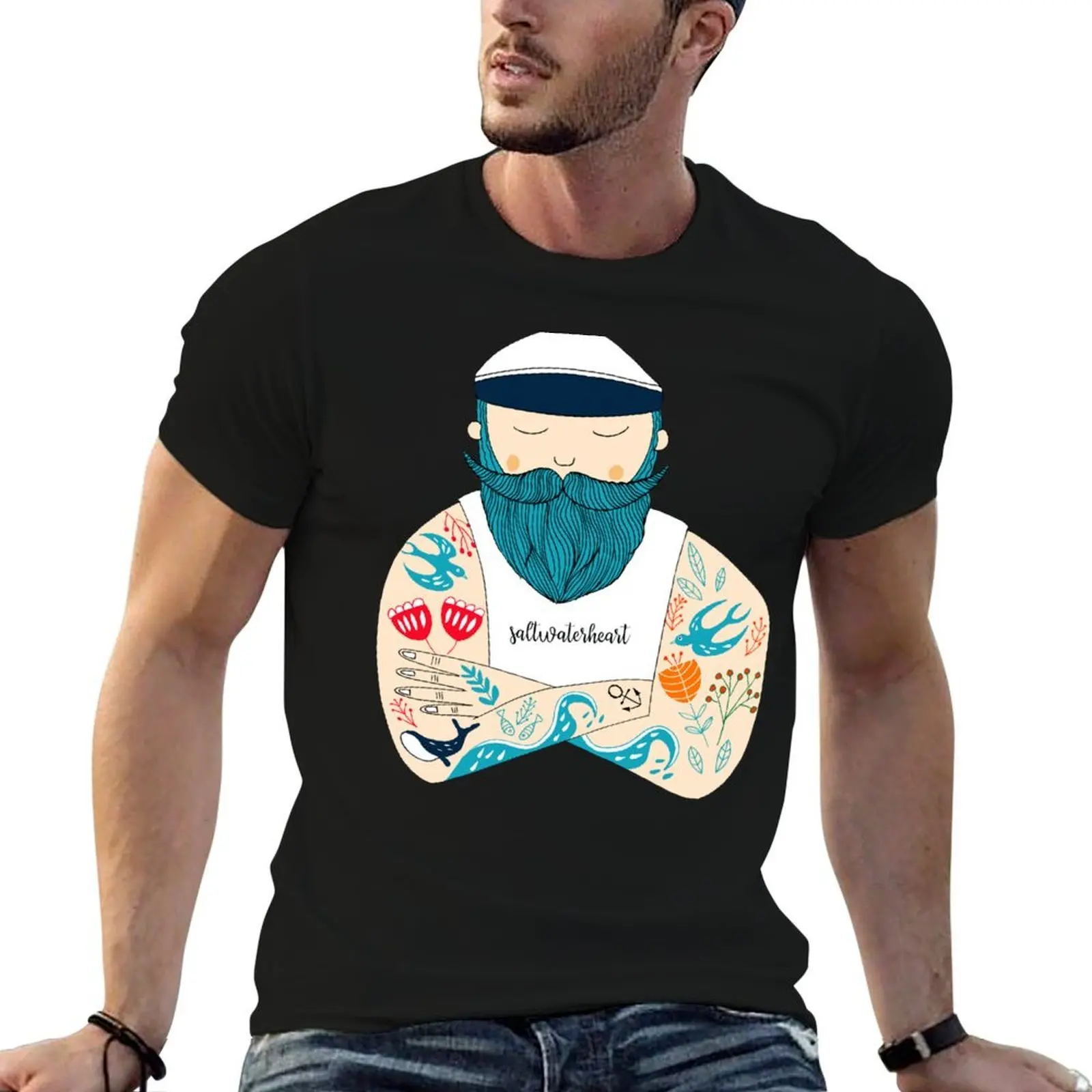 Marinero escandinavo tatuado y con barba. Camiseta de la costa, camiseta de lujo para hombre, camisetas divertidas de algodón para hombre