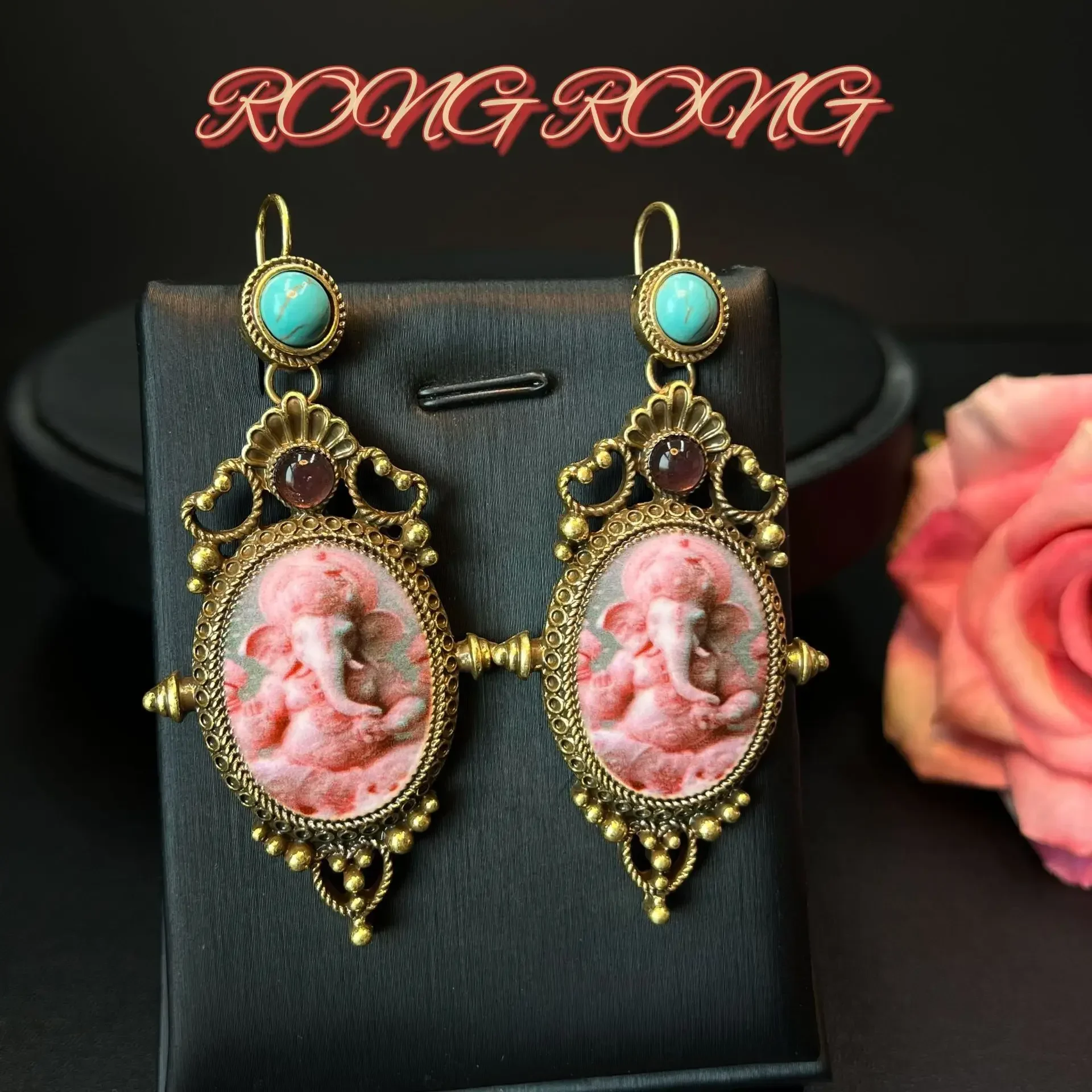 Retro Palace Style Heavy Pink Elephant Print Earrings High Quality Western Antique Earrings Vintage Earrings