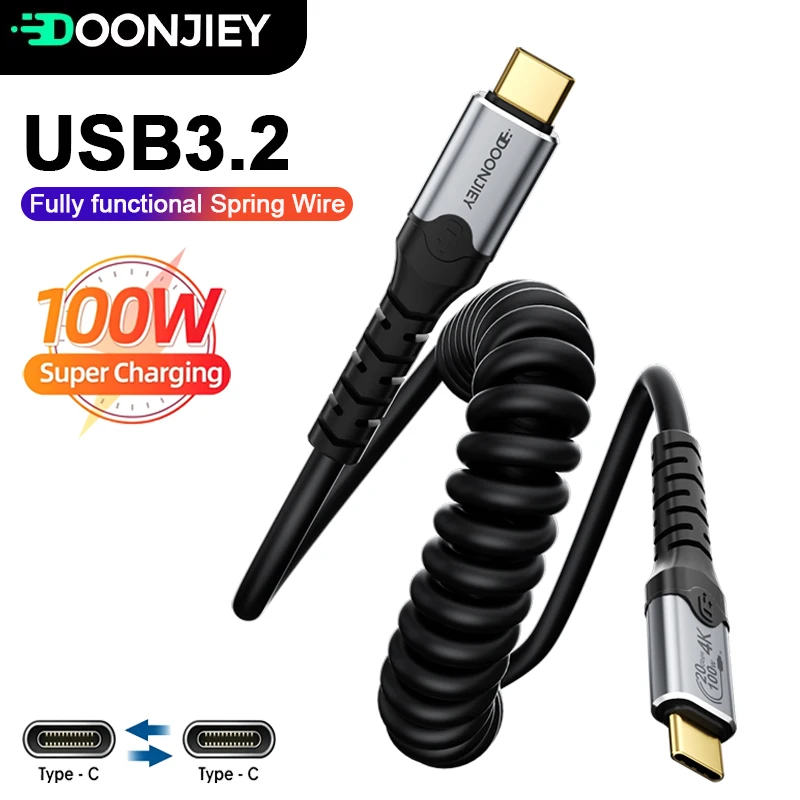 DOONJIEY USB3.2 Fully Functional Cable PD 100W USB C Spring Data Cord 20Gbps 4K Support OTG For MacBook iPad Portable Short Wire