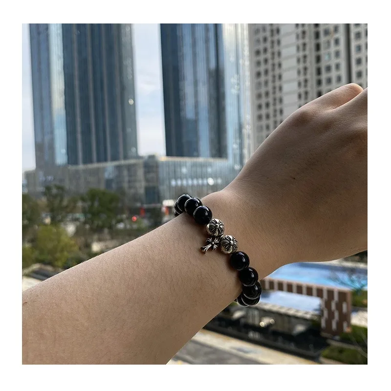 

Chaoxuan Retro Trend Three Silver Bead Cross Bracelet Obsidian Bracelet.