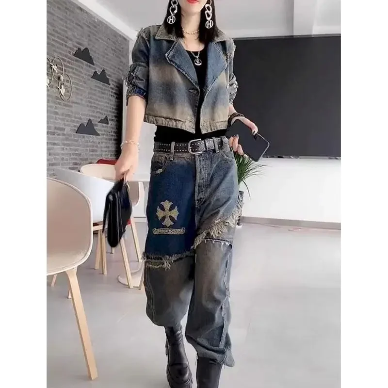 Fashion Cool Denim Set Women Autumn Trend Popular Set Personality Lapel Washed Jean Jacket Harun Pants Fried Street 2 Piece Suit