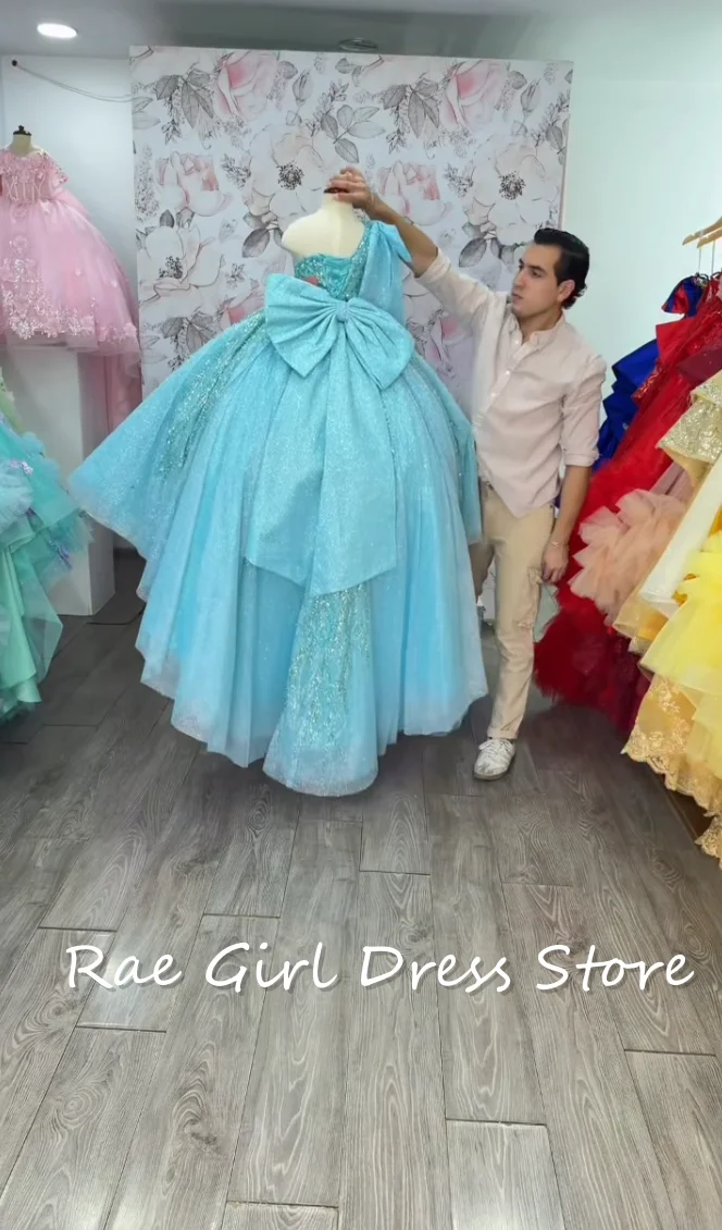 Blue Floor Length Flower Girl Ball Gown One Shoulder Glitter Tulle Large Back Bow Puffy Princess For Wedding Birthday Party
