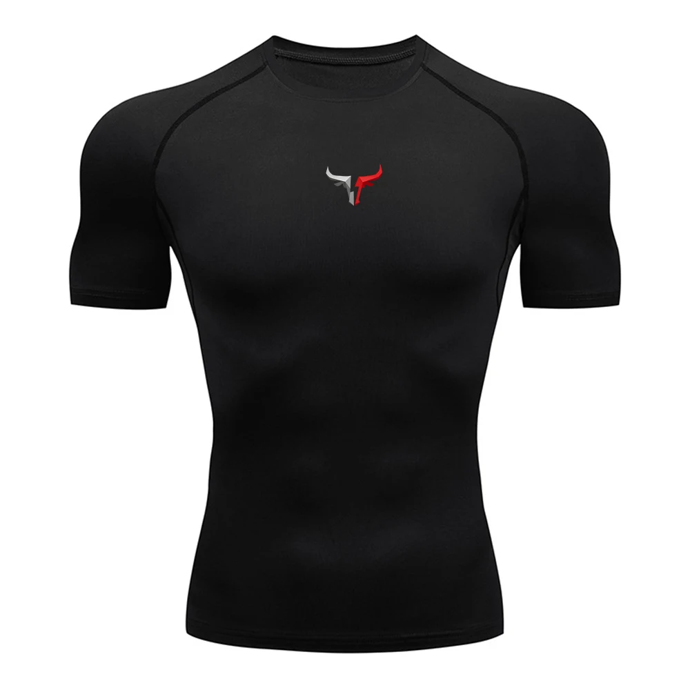 Men's Compression T-Shirt Red Grey Bull Head Logo Print Stretchy Quick Drying Short Sleeve Suitable For Fitness And Cycling