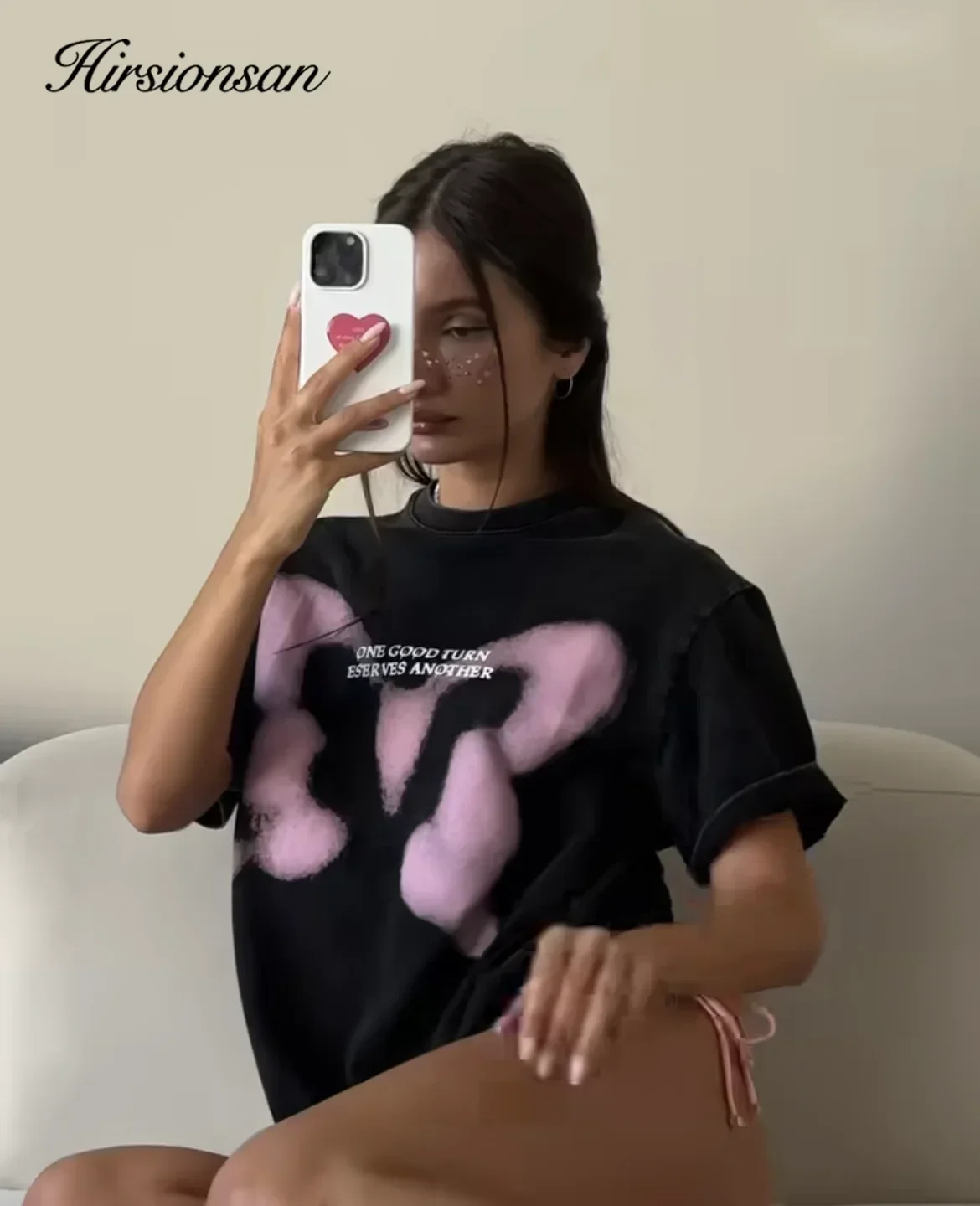 

Hirssionsan Women's Pickled T-shirt Retro Cotton T-shirt Street Soft Mineral T-shirt Y2K Girls' Loose Pink Bow Printed T-shirt