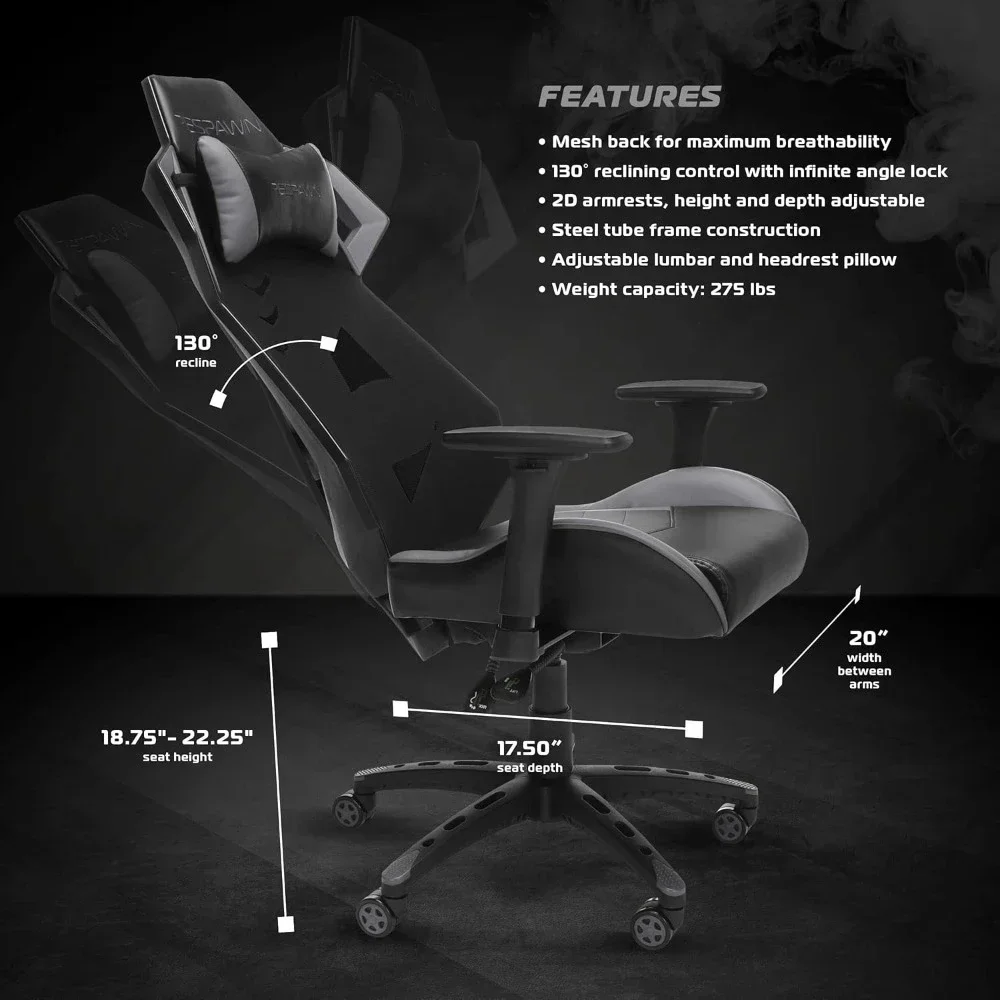 Silla Gaming estilo carreras, ajustable, de cuero, en gris RSP 200 GRY