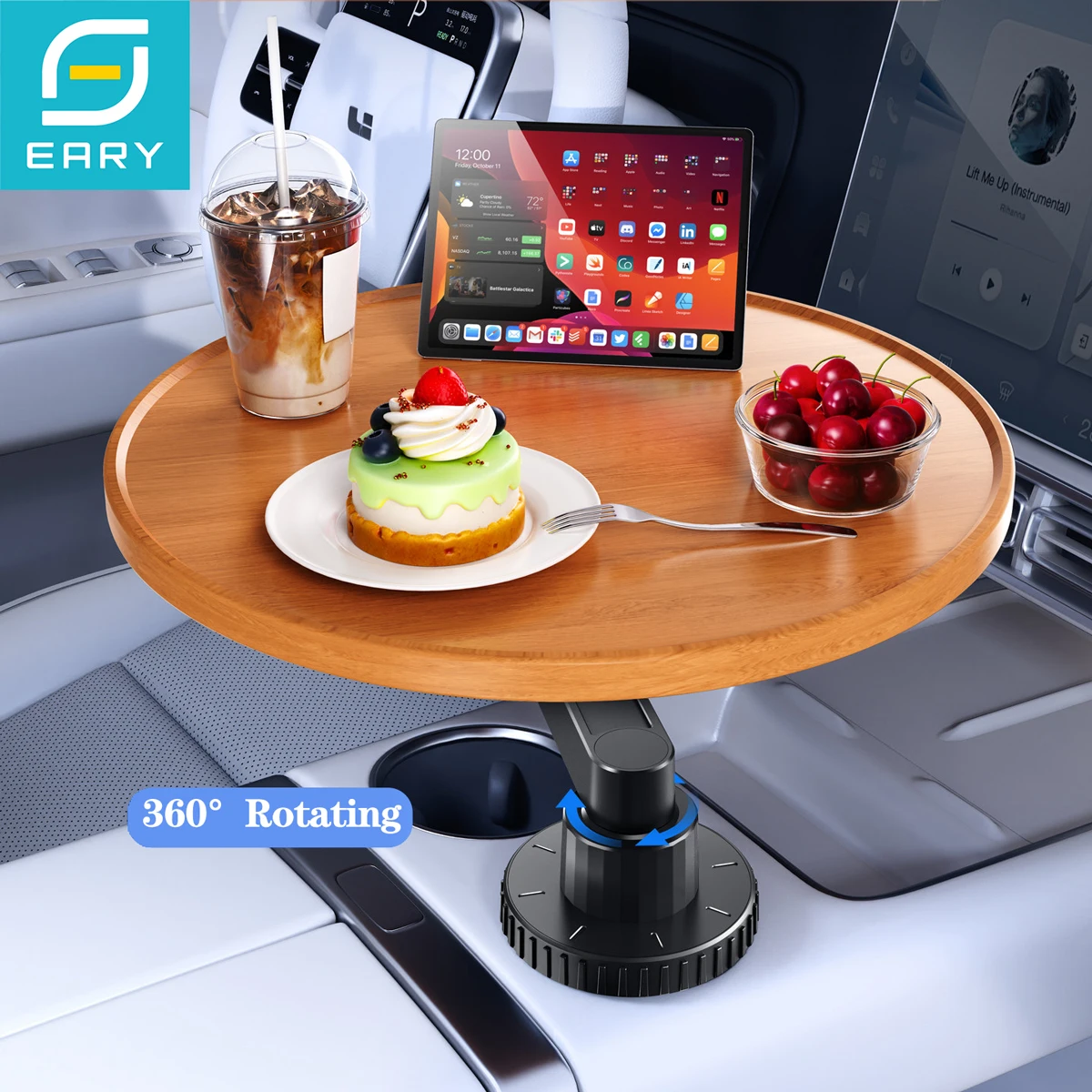 Eary Car Food Tray Table for Laptop 360°Rotatable Wood Cup Holder Desk Car Travel Accessories for Eating Drinking Sauce Holder