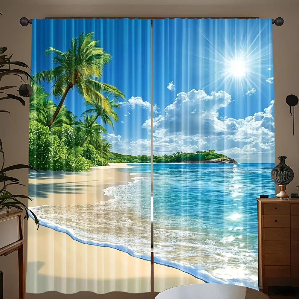 2pcs Hawaii Palm Tree Beach Print Curtains, 100% Polyester for Outdoor Decor and Kitchen Study Room Summer Theme