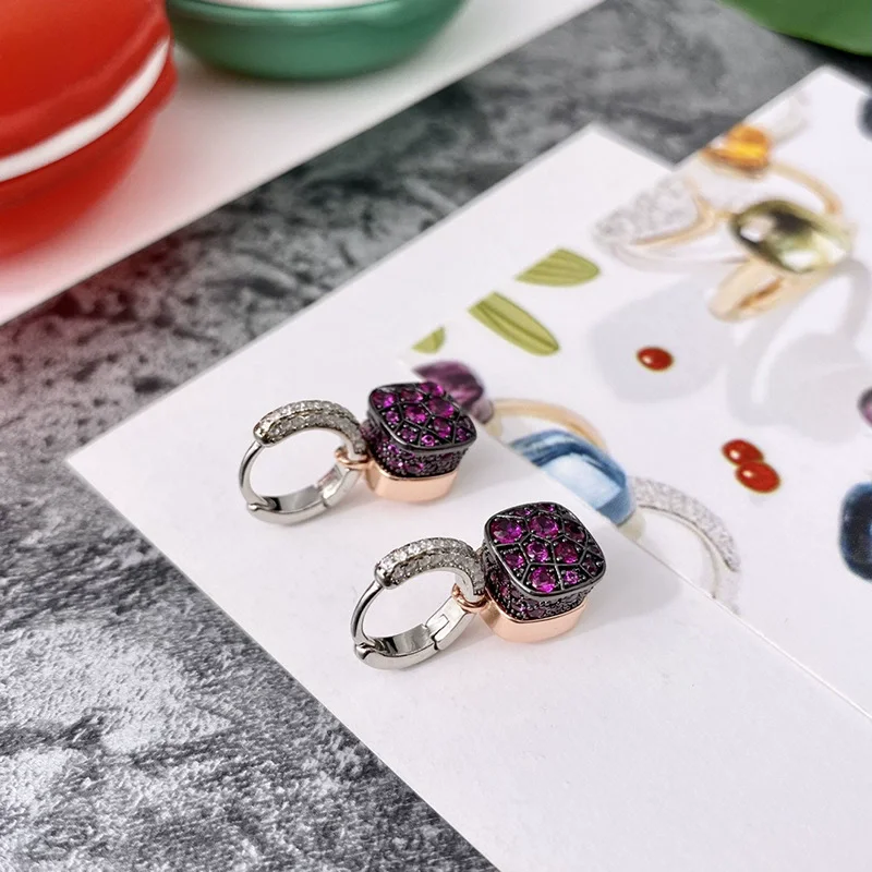 Light luxury S925 silver ear decoration with European and American ins design sense and color blocking Colorful full diamond