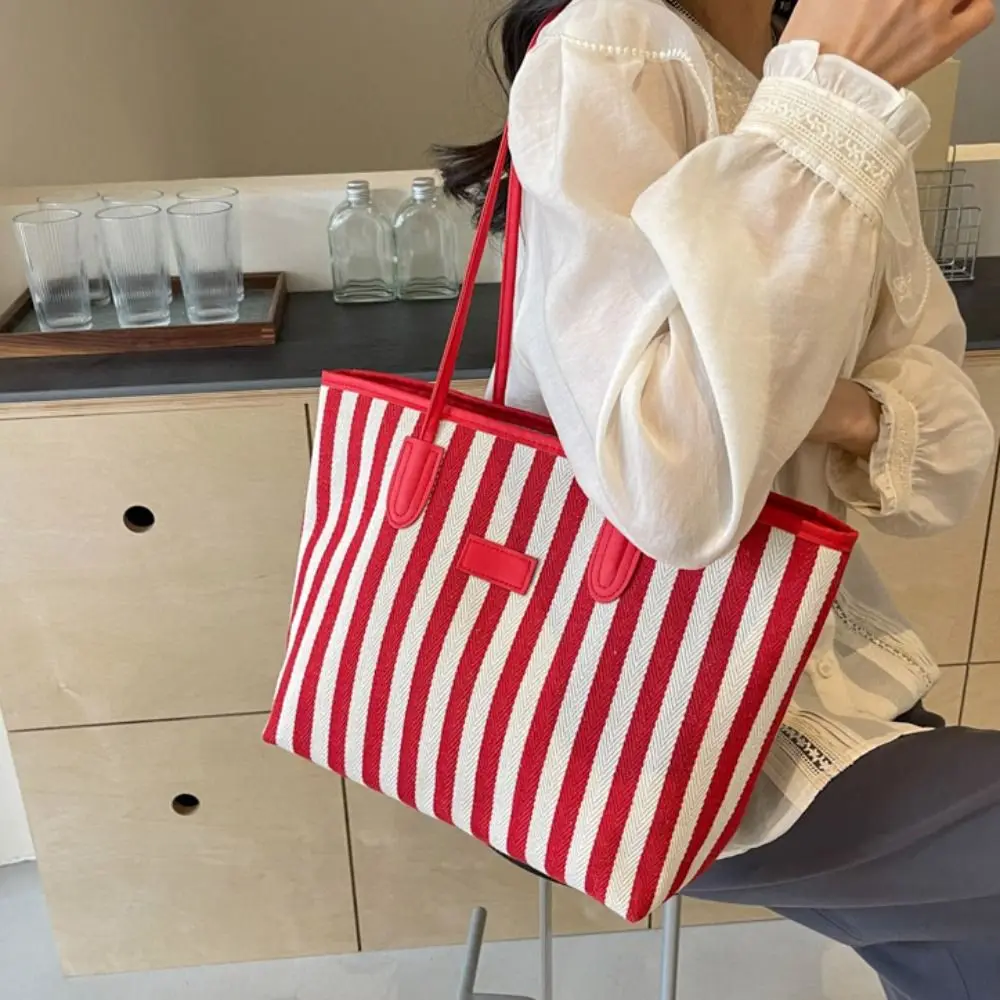 Large Capacity Stripe Canvas Tote Bag Zipper Korean Style Shoulder Bag Multi-function Crossbody Bag Shopping Handbag All-match