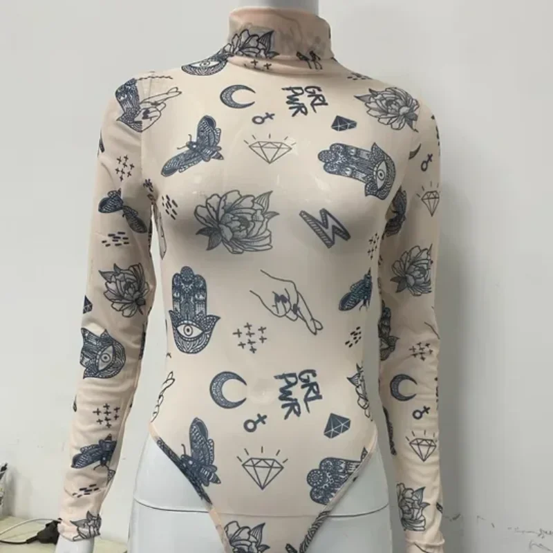 

Сексуальная женская одежда с принтом в европейском и американском осеннем стиле, пуловер с высоким воротом и длинными рукавами, плотное, слегка прозрачное боди