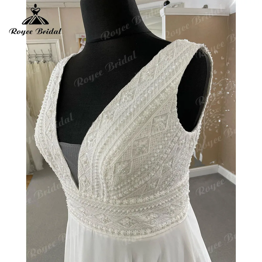 Robe Chic V Neck Boho Beach Lace Chiffon A Line Wedding Dress for Bridal 2024 Sleeveless Wedding Gown abiti sposa Roycebridal