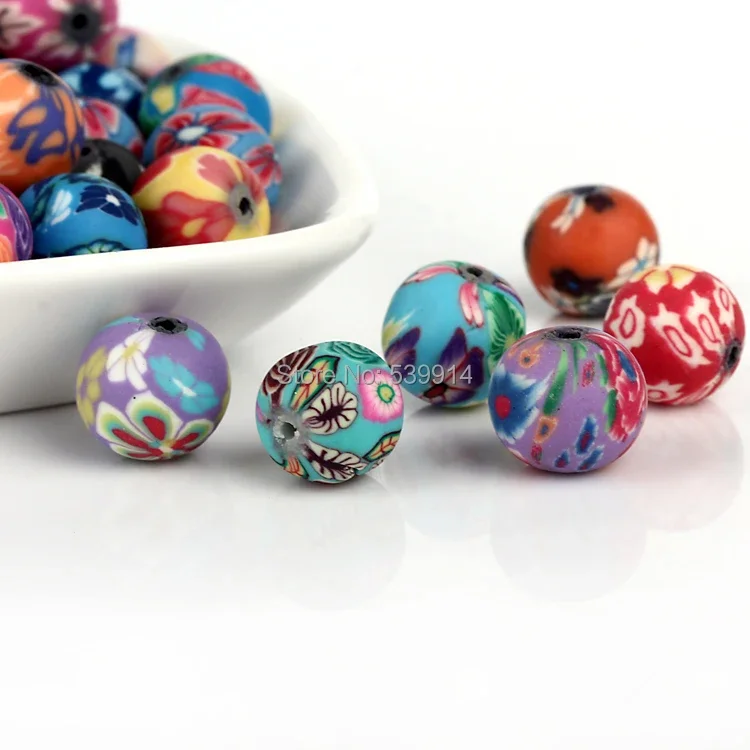 10MM 200pcs/lot Mixed Colors Flower Ball  Round Polymer Clay Beads Handpainted Fit Bracelet Beads DIY Finding Accessory