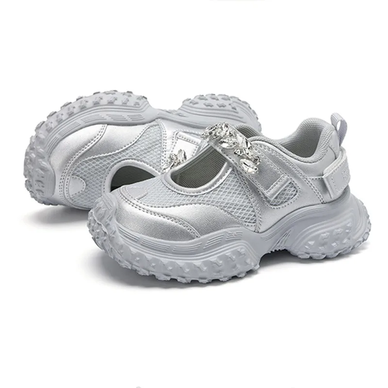 

2025 New Spring Classic Girls Casual Shoes with Rhinestone Kids Crystal Breathable Sneakers Air Mesh Fashion Soft Sole Shoes