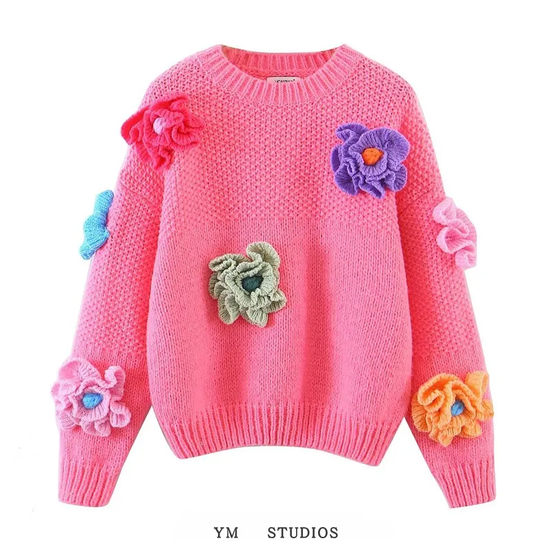 

Sweet Handmade Flower Knit Sweater round Ne Pullover Warm Towing-On-Design Relaxed Fit Sweater Plant Pattern Decorative 3...