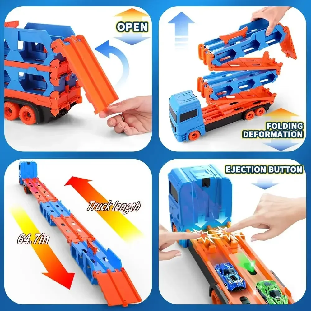 Toddler Transport Truck Toy for Kid Boy 65-Inch Foldable Track 9 in 1 Die-Cast Race Car Carrier Truck Toy Children Birthday Gift