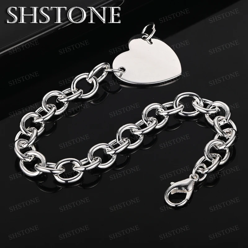 

925 Sterling Silver Solid Heart Bracelet For Women Men Romantic Valentine's Day Charm Silver Jewelry Wedding Party Accessories