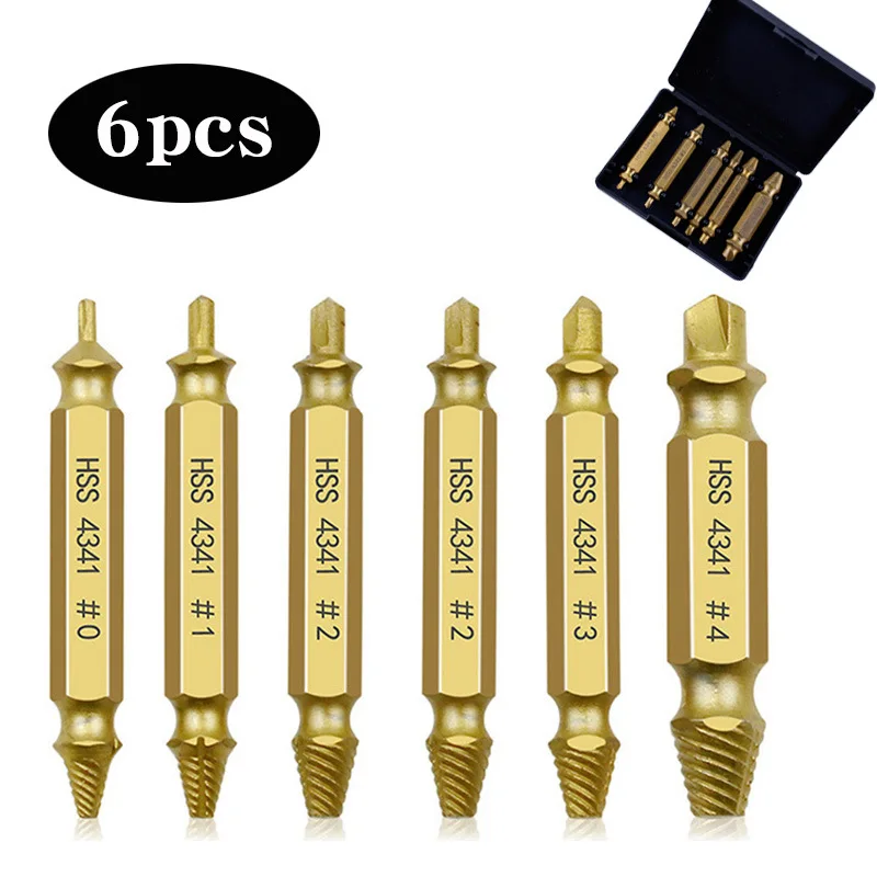 6Pcs Stripped Screw Extractor Set, Broken Bolt Extractor Kit, Easy-Out Damaged Screw Removal Tools, 4341 HSS Reverse Drill Bits