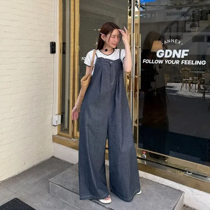 

Fashionable Casual Two-Tone Design Overalls Summer 2026 Women's Wide Leg Pants Natural Waist Other Material 100%