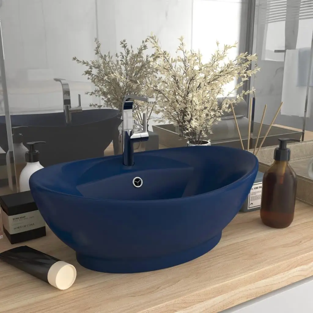 

Stylish Oval Matt Dark Blue Ceramic Basin Overflow 23.0x15.4