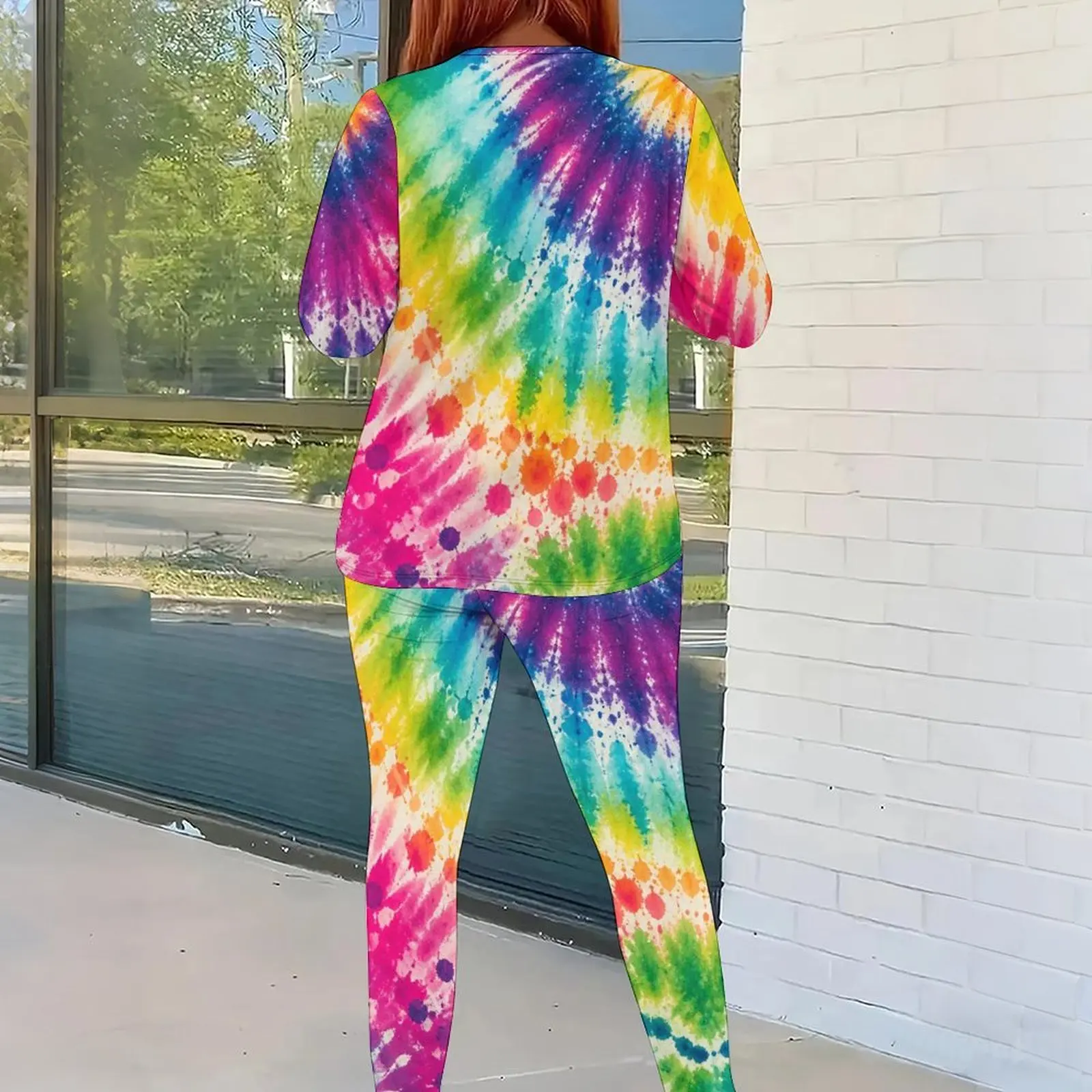 Women Rainbow Tie-Dye Printed Round Neck Long Sleeve Top and Fitted Pants Two Piece Set