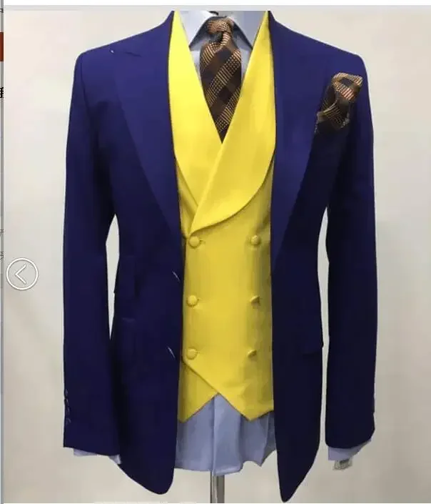 2024 High Quality Costume Homme Blue Yellow Shawl Lapel Double Breasted Men Suit Wedding Suits for Men Groom Slim Fit 3 Piece