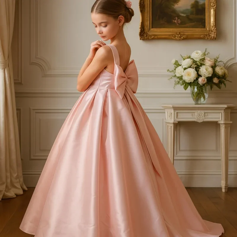 Girls' White Backless Princess Dress with Tail, Children's Wedding Flower Girl Dress, Birthday Party Beauty Pageant Dress