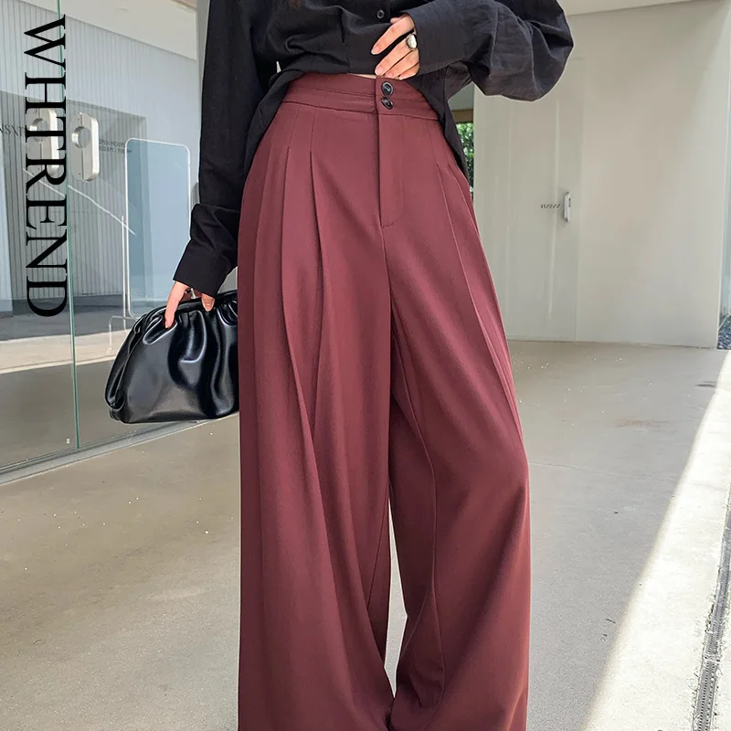WHTREND بسيط ارتفاع الخصر واسعة الساق دعوى السراويل للنساء 2025 الخريف تنوعا ثنيات بناطيل كاجوال WH1346
