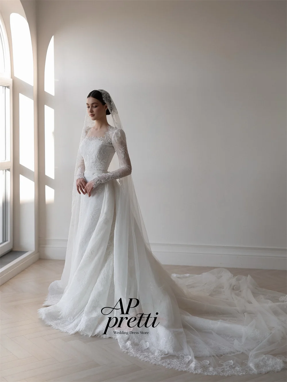 AP pretti Gorgeous Full Lace Wedding Dresses For Woman Square Collar Long Sleeves Detachable Train Bridal Gown Customized ﻿