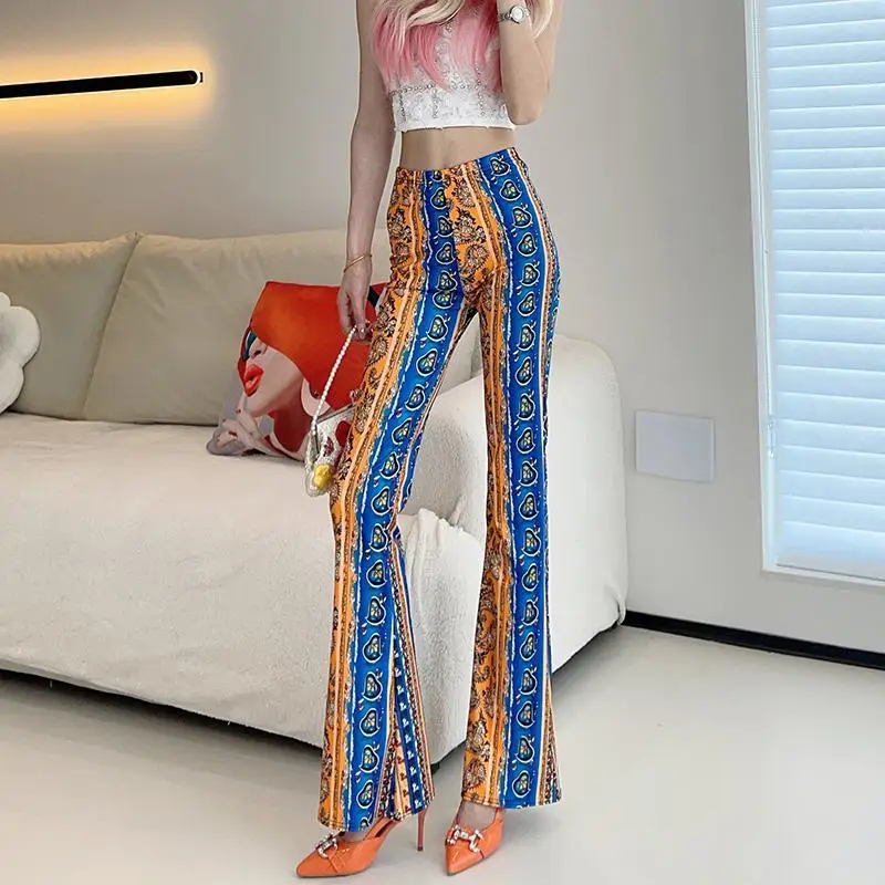 Bohemian Summer Women's 2024 Patchwork High-waisted Printing Fashion Slim Minimalist Comfortable All-match Casual Flare Pants