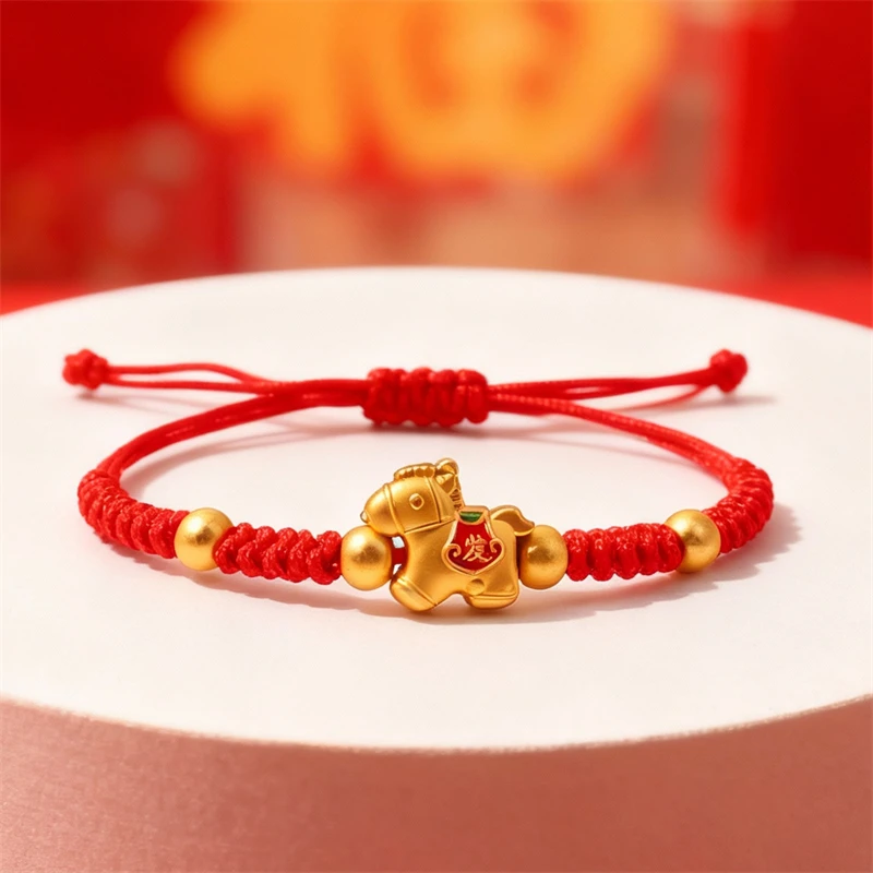 Pulsera de cuerda trenzada de la suerte roja del año del caballo 2026 para mujer, pulseras de cuentas de caballo de estilo chino, regalos de joyería de bendición de Año Nuevo