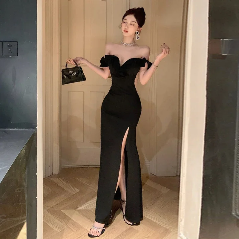 Kimotimo Ruffled One Shoulder Strapless Evening Dress Women Spring Summer Elegant High Waist Slim Wrapped Slit Long Dresses