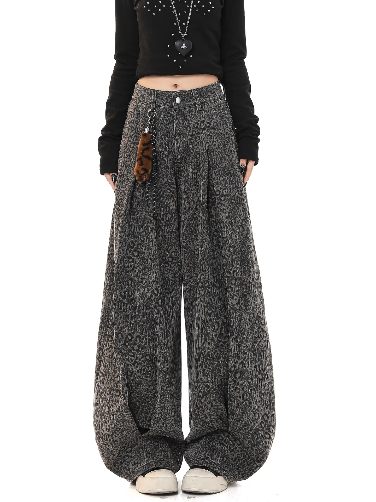 

Retro American Leopard Print Jeans Loose Wide Leg Dra Jazz Dance Women's Spring Design Slimming Casual Straight Leg Trousers