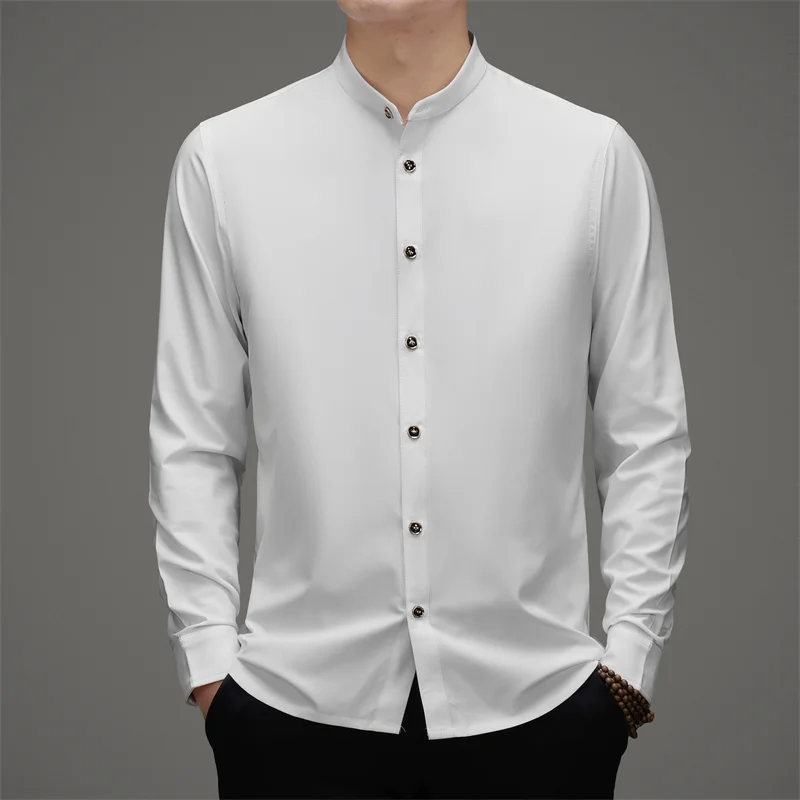 Chinese Style Stand Collar Shirts For Men Long Sleeve Exquisite Autumn Quality Softness Tang Costume Easy-Care Camisas De Hombre