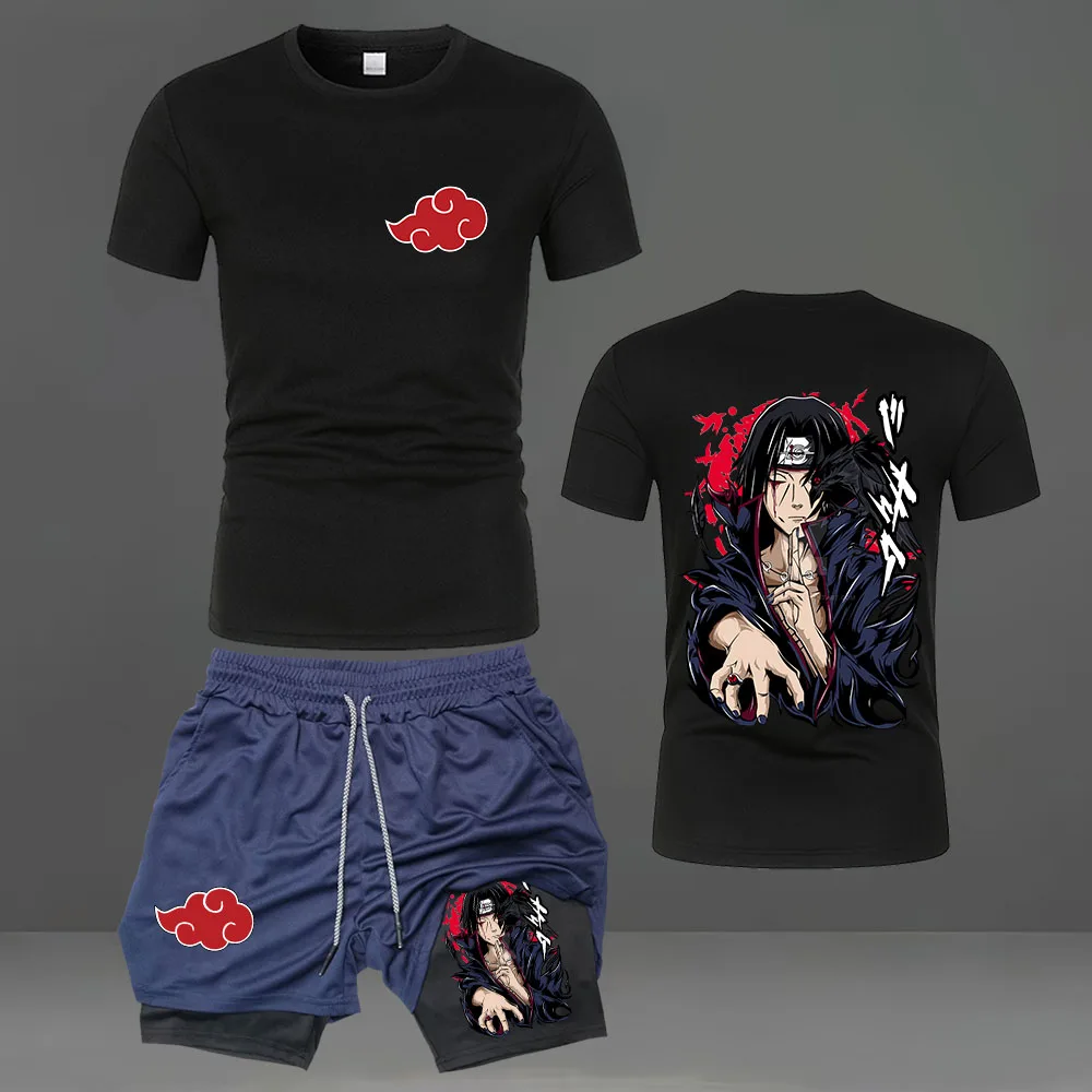 2-teiliges Set Naruto Uchiha Itachi Red Cloud Akatsuki Print Kurzarm-T-Shirt Doppellagige Sportshorts Anime-Trainingsanzug-Set