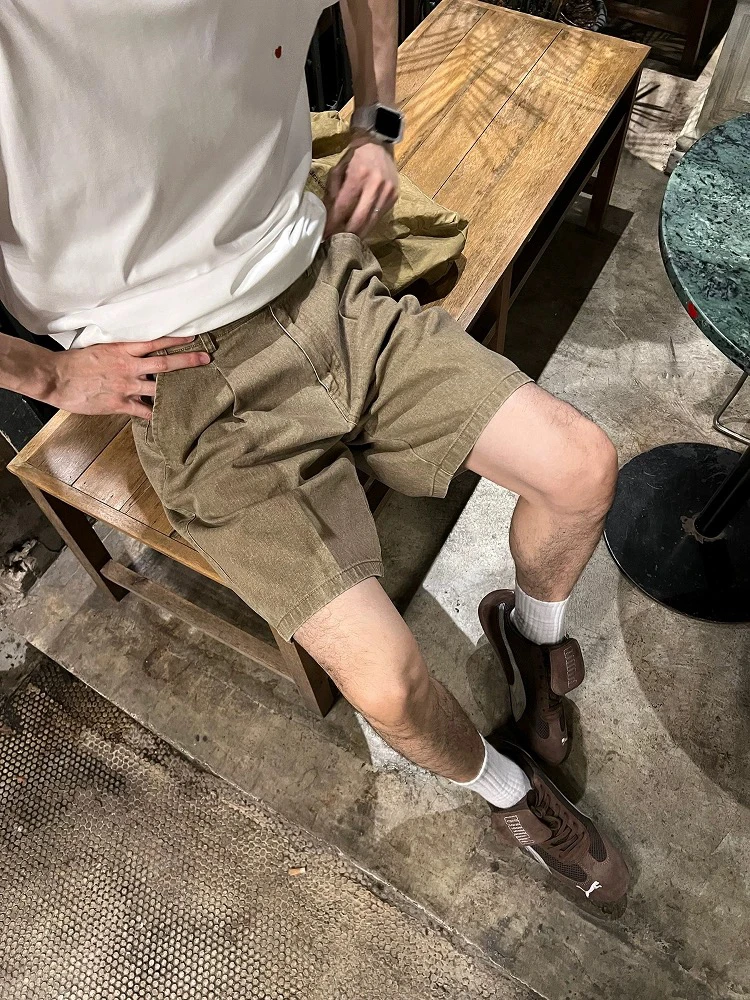 American Retro Casual Brown Denim orts Men Summer Cleanfit Loose Versatile Straight Tube Five-Point Pants Youth Active Sle