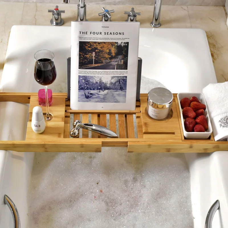 Bamboo Bathtub Caddy Tray Adjustable Wood Bath Tub Organizer with Cup Wine Holder Soap Dish Book Space Phone Slot for Shower