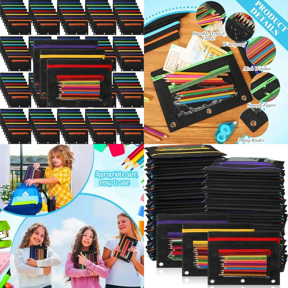 

100 Pcs Clear Double-Layer Zipper Pencil Pouches with Mesh for 3-Ring Binders - Bulk School Supplies