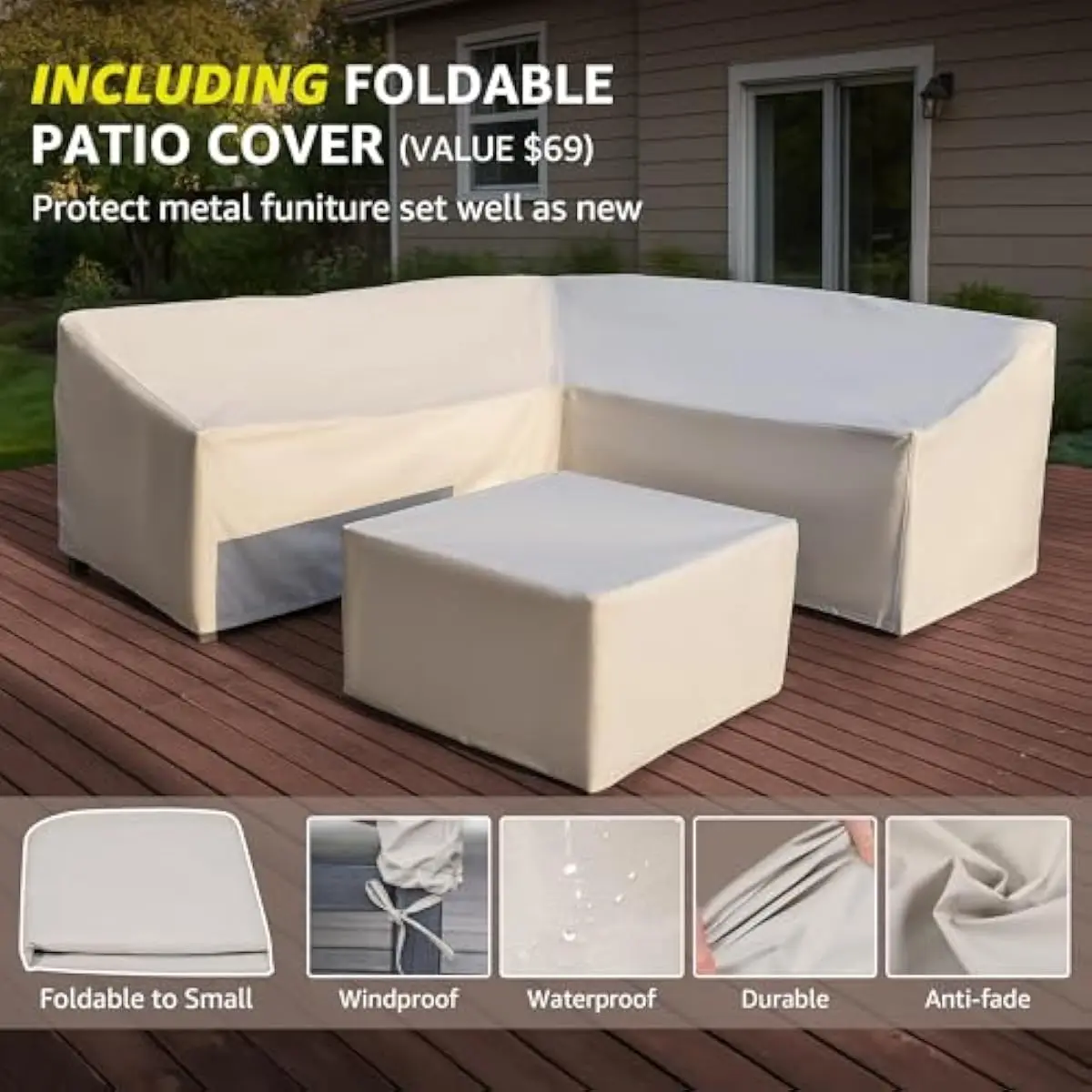 6-Piece Modern L-Shaped Outdoor Sectional Set in Upgraded Beige • Sturdy Hand-Brushed Metal Frame with 4-Step Protection • 6.5-I