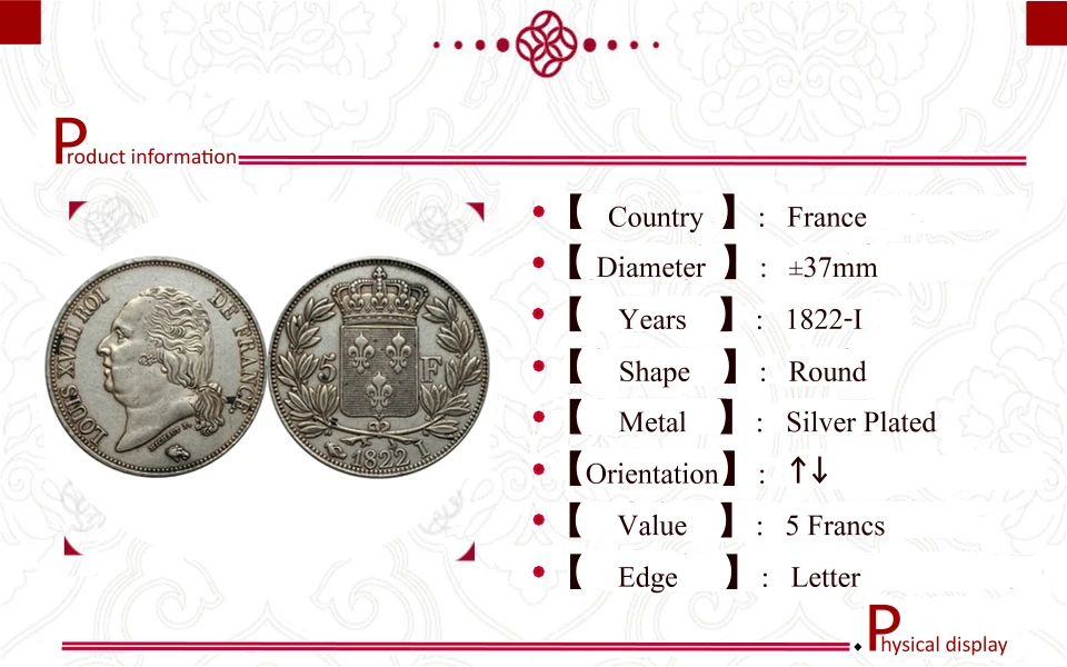 1819 1820 T 1821 BB 1821 H 1821 I 1822 A 1823 L 1823 M 1824 W فرنسا 5 فرانكس لويس الثامن عشر مطلي بالفضة نسخة عملة تذكارية