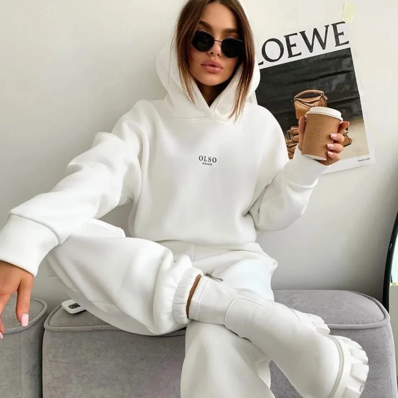 

Комплект из 2 предметов, женский однотонный повседневный спортивный костюм из двух предметов, свободные брюки с капюшоном, удобная одежда для дома