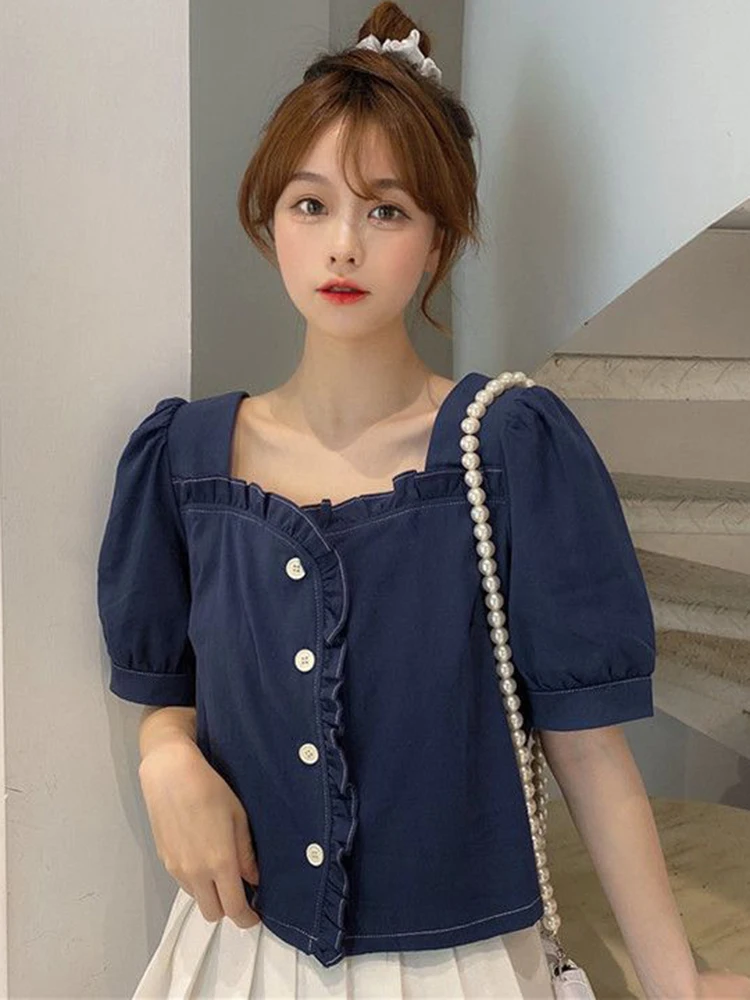 Jmprs Chic Ruffles Sweet Blouse Women Elegant Puff Sleeve Cute Shirt Lady Loose Square Collar Design Korean Fashion Casual Tops