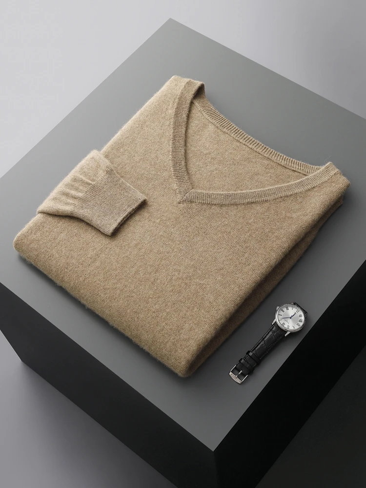 100% Cashmere Business Knitwear Pullovers Men\'s V-Neck Sweater Autumn Winter Long Sleeve Jumpers Casual Clothing Tops