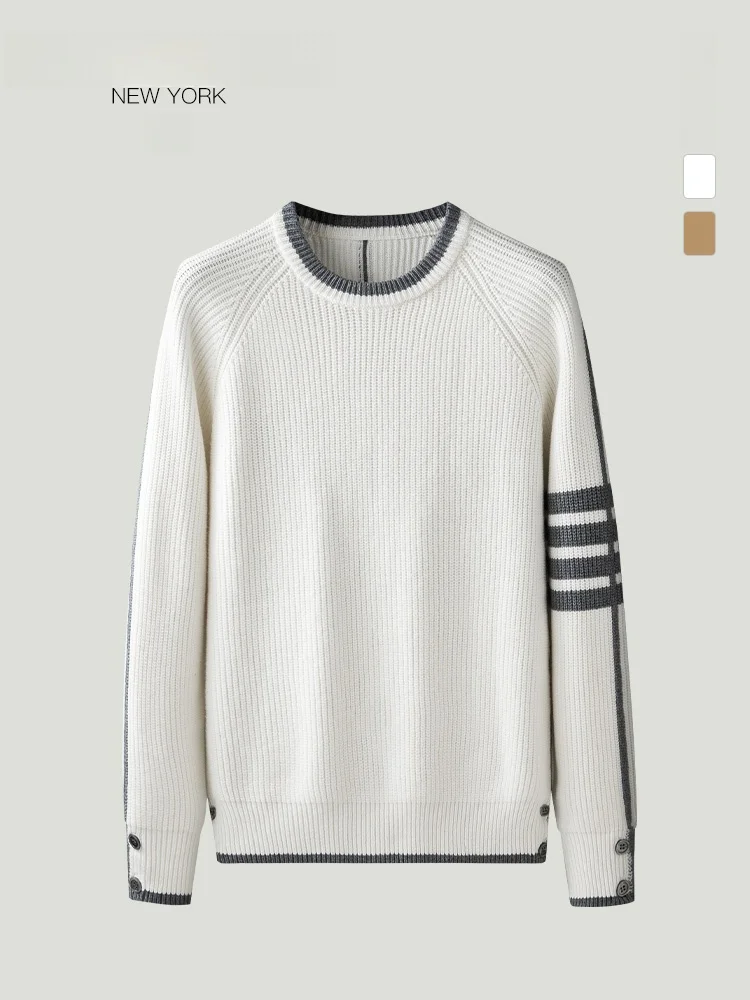 

Ultra Comfortable Fine Wool Knitted Sweater Couple's Striped Four Bars Men Women Winter Sweater Soft Warm Long Sve round Ne