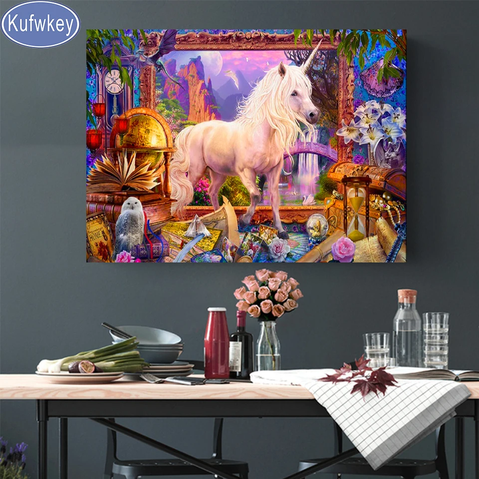 Full Round Diamond Embroidery White Unicorns Window Scenery Rhinestone Pictures DIY Diamond Painting Mosaic Cross Stitch Animals