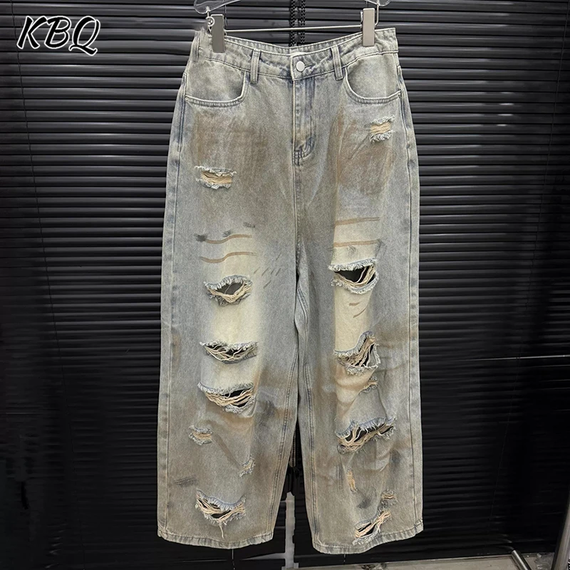 

KBQ Designer Loose Hollow Out Denim Pants For Women High Waist Spliced Button Elegatn Daily Commute High Street Trousers Female