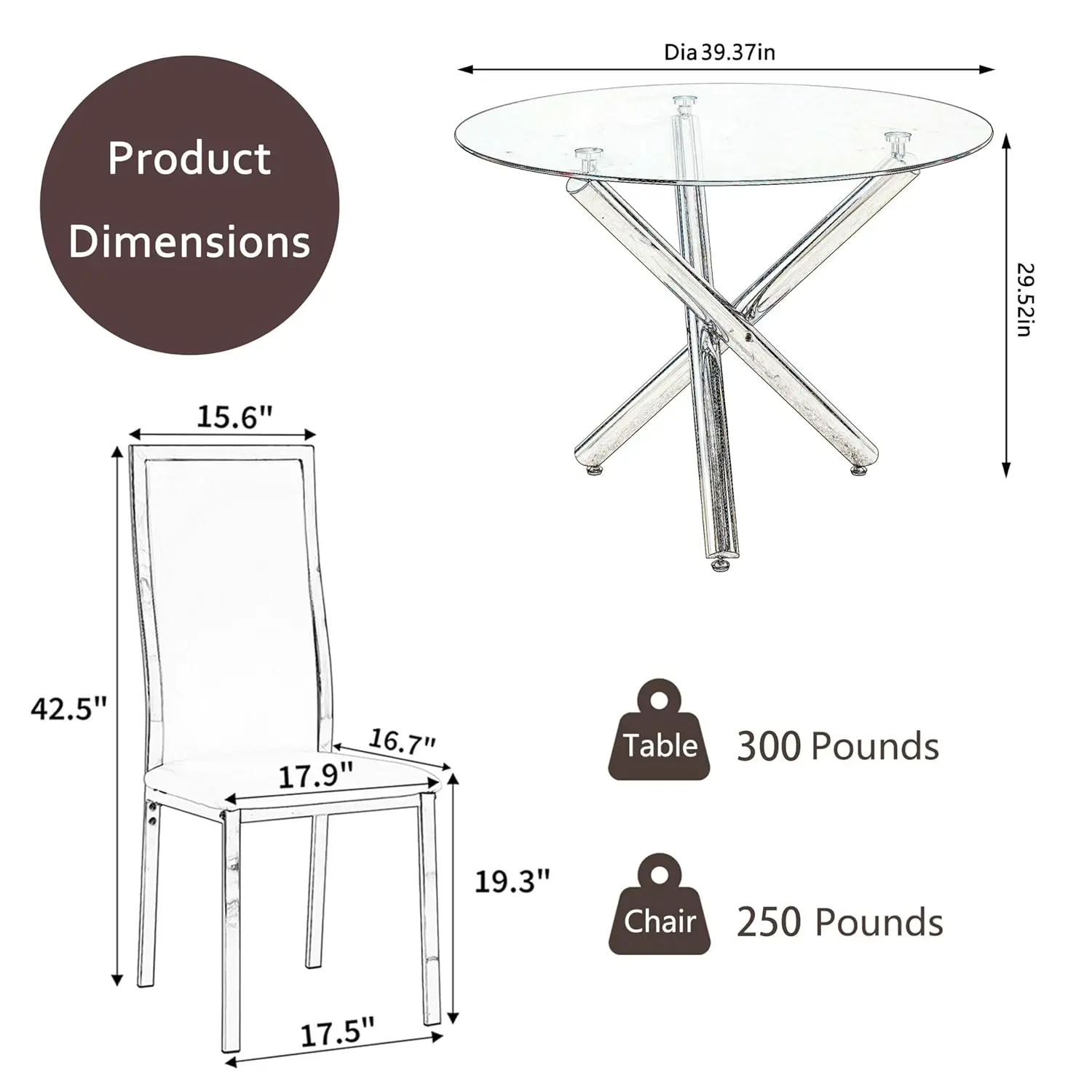 5-Piece Luxury Round Glass Dining Table Set, 39'' Modern Tempered Glass Kitchen Table Set Silver Base & 4 Black, Customized