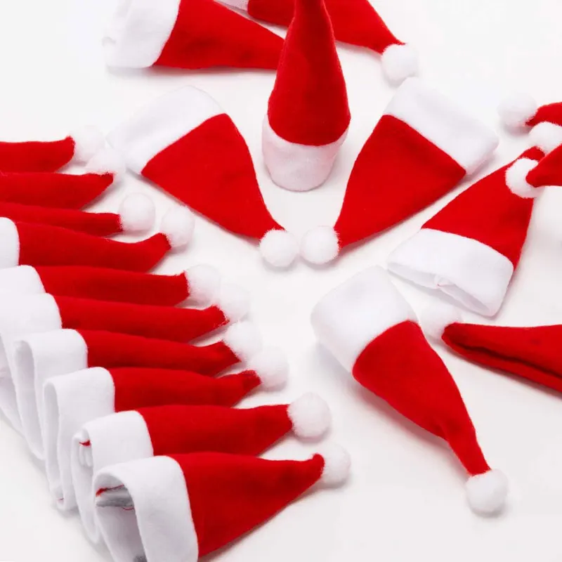 200/2Pc Mini sombrero de Papá Noel, tapas de piruletas de tela no tejida, cubiertas para botellas de vino de Navidad, soporte para botellas de Navidad, decoraciones para mesa y cena